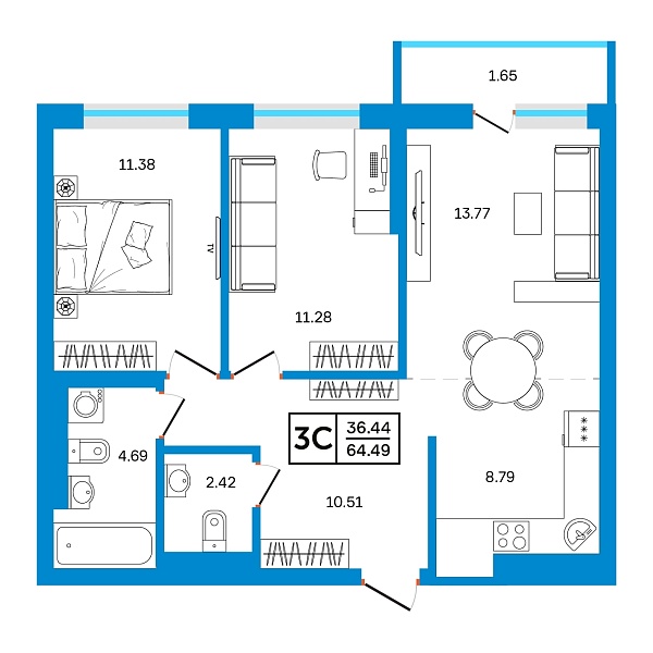 3-к квартира, 64 м², 25/26 эт., ЖК «Некрасовский» с. АБВ