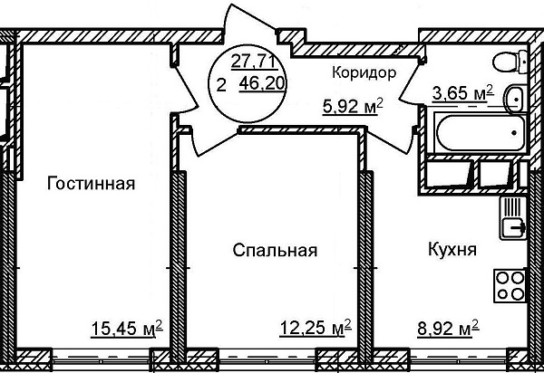 2-к квартира, 46 м², 30/32 эт., ЖК «Некрасовский» с. К