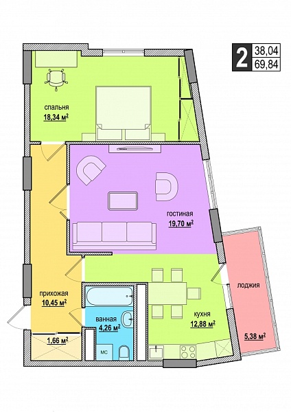 2-к квартира, 69 м², 4/25 эт., ЖК «Черемушки»