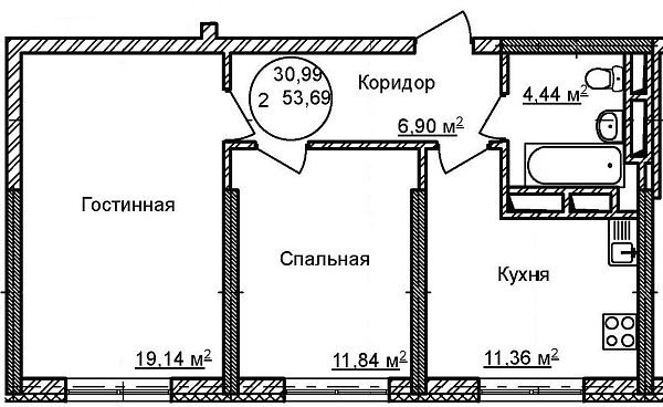 2-к квартира, 53 м², 24/32 эт., ЖК «Некрасовский» с. К