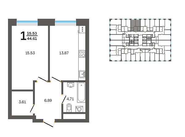 1-к, 44 м², 14/32 эт., 
 Комплекс апартаментов «CENTRAL PARK II»