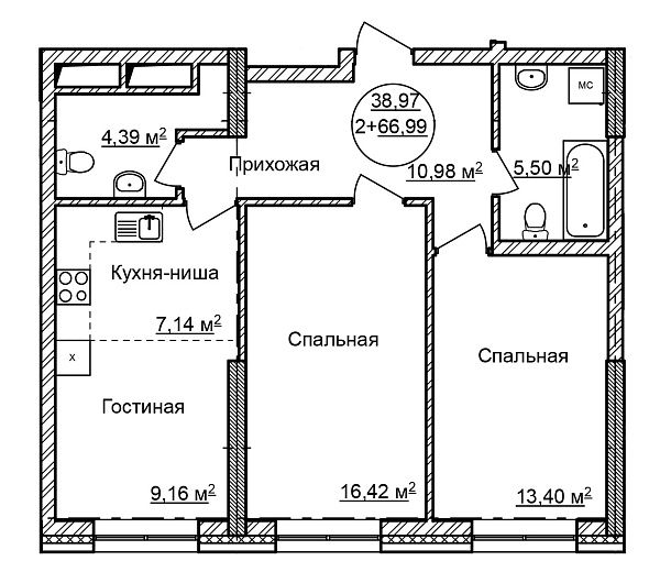3-к квартира, 66 м², 5/32 эт., Комплекс апартаментов «CENTRAL PARK II»