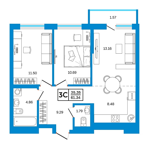 3-к квартира, 61 м², 22/26 эт., ЖК «Некрасовский» с. АБВ