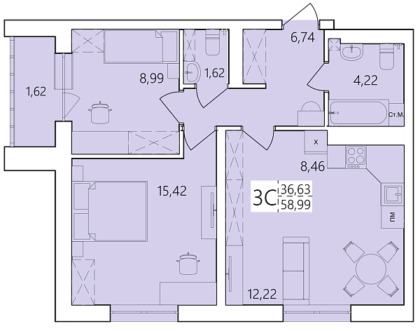 3-к квартира, 58 м², 15/25 эт., ЖК «Волна», улица Ахметова,  239,  Уфа,  Республика Башкортостан
