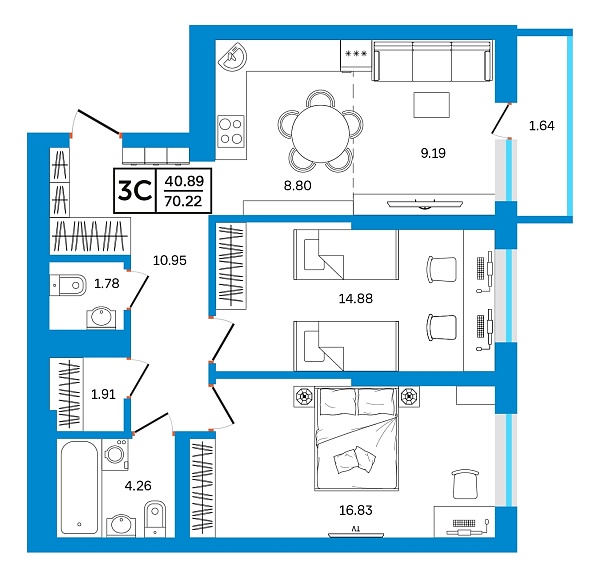 3-к квартира, 70 м², 24/26 эт., ЖК «Некрасовский» с. АБВ