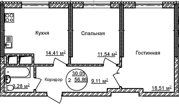 2-к квартира, 56 м², 24/32 эт., ЖК «Некрасовский» с. К