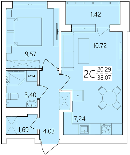 2-к квартира, 38 м², 20/25 эт., ЖК «Волна», улица Ахметова,  239,  Уфа,  Республика Башкортостан