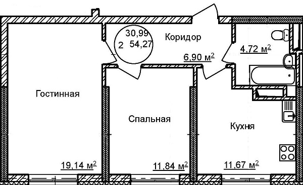 2-к квартира, 54 м², 6/32 эт., ЖК «Некрасовский» с. К
