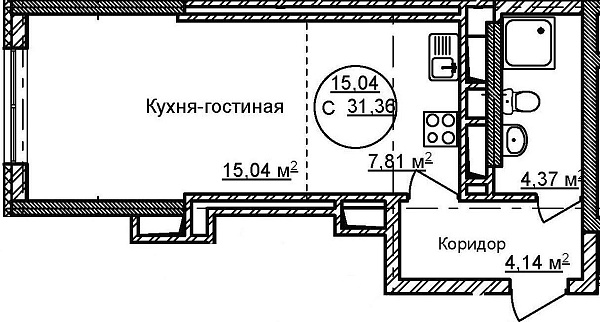 1-к квартира, 32 м², 2/32 эт., ЖК «Некрасовский» с. К