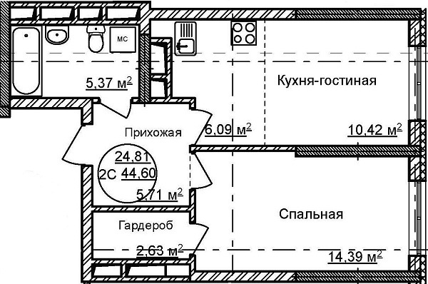 2-к квартира, 44 м², 24/32 эт., ЖК «Некрасовский» с. К