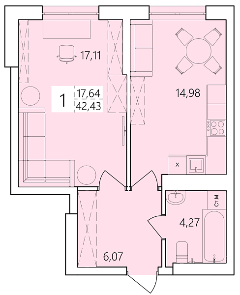 1-к квартира, 42 м², 24/25 эт., ЖК «Волна», улица Ахметова,  239,  Уфа,  Республика Башкортостан