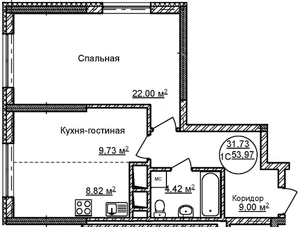 1-к квартира, 53 м², 30/32 эт., ЖК «Некрасовский» с. К