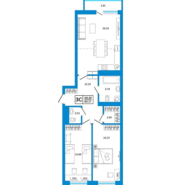 3-к квартира, 83 м², 2/26 эт., ЖК «Некрасовский» с. АБВ 3-к квартира, 83 м², 2/26 эт., ЖК «Некрасовский» с. АБВ