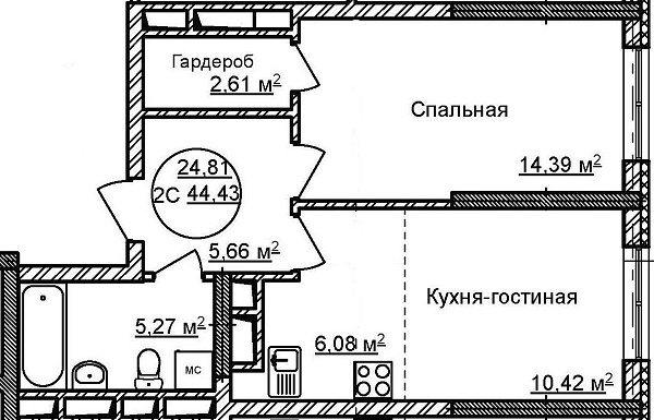 2-к квартира, 44 м², 30/32 эт., ЖК «Некрасовский» с. К