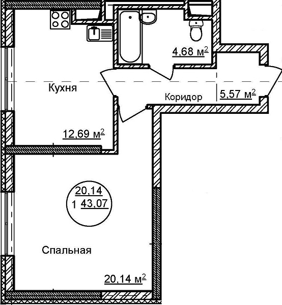 1-к квартира, 43 м², 6/32 эт., ЖК «Некрасовский» с. К