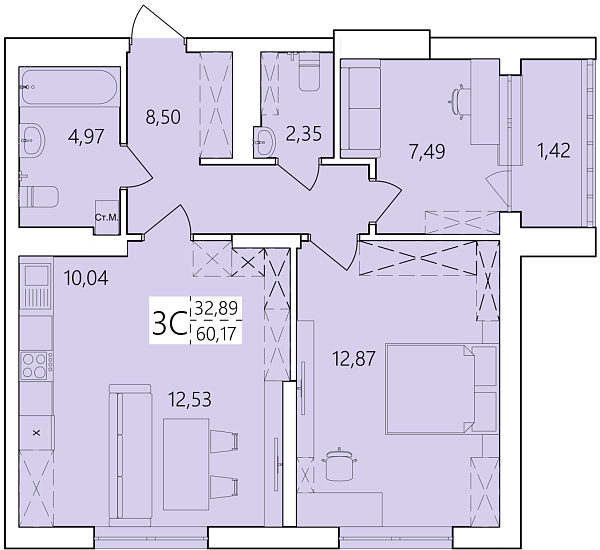 3-к квартира, 60 м², 15/25 эт., 
 ЖК «Волна», Уфа, улица Ахметова,  239,  Уфа,  Республика Башкортостан, 450017