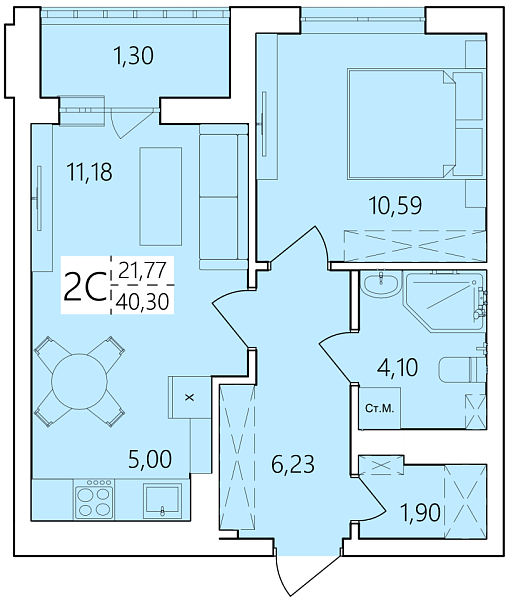 2-к квартира, 40 м², 21/25 эт., ЖК «Волна», улица Ахметова,  239,  Уфа,  Республика Башкортостан