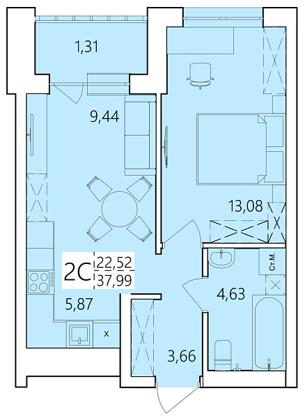 2-к квартира, 37 м², 18/25 эт., ЖК «Волна», улица Ахметова,  239,  Уфа,  Республика Башкортостан