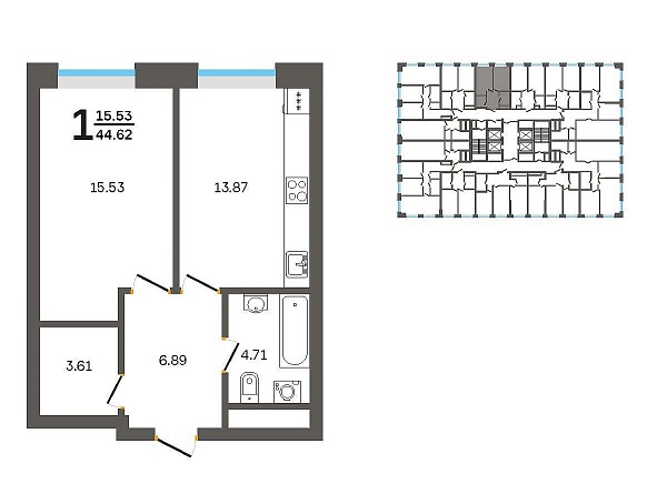 1-к, 44 м², 28/32 эт., 
 Комплекс апартаментов «CENTRAL PARK II»