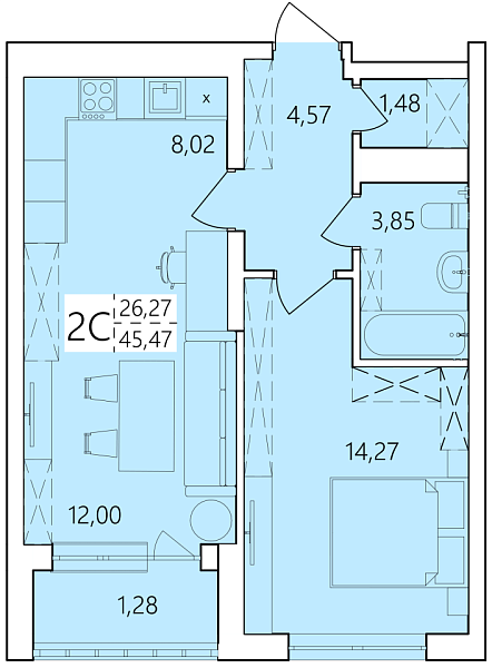 2-к квартира, 45 м², 16/25 эт., 
 ЖК «Волна», Уфа, улица Ахметова,  239,  Уфа,  Республика Башкортостан, 450017