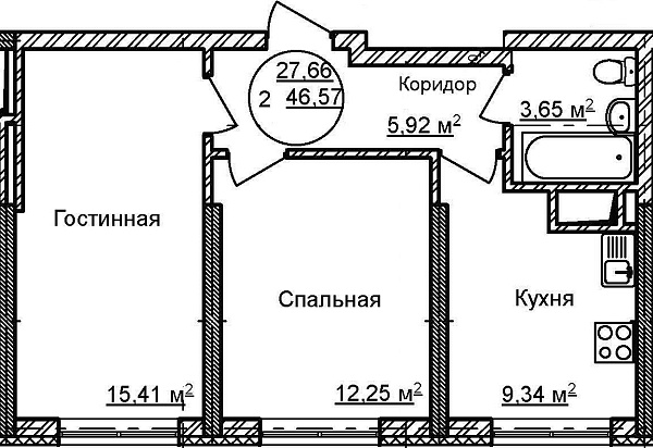 2-к квартира, 46 м², 6/32 эт., ЖК «Некрасовский» с. К