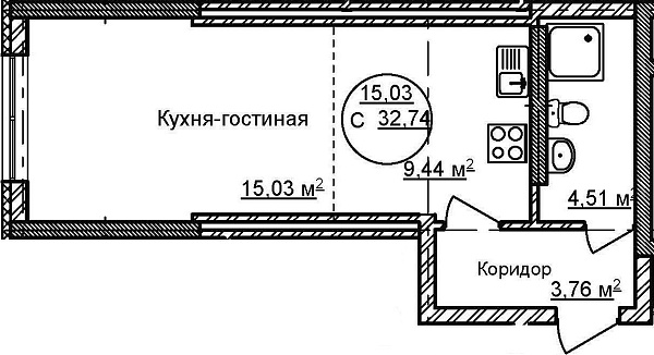 Студия, 32 м², 2/32 эт., ЖК «Некрасовский» с. К