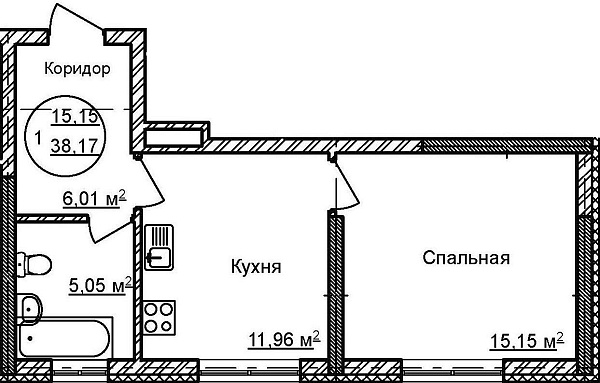 1-к квартира, 38 м², 2/32 эт., ЖК «Некрасовский» с. К