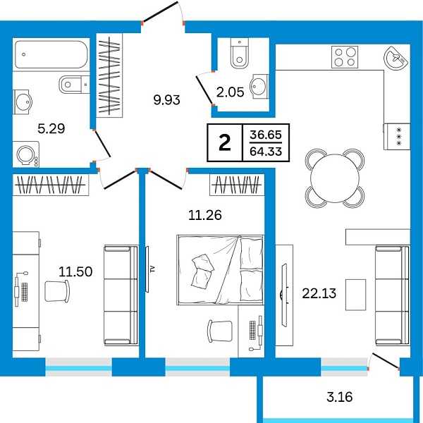 2-к квартира, 64 м², 19/26 этаж, ЖК «Некрасовский» с. Е  Уфа, улица Софьи Перовской, 22