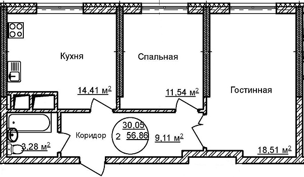 2-к квартира, 56 м², 23/32 эт., ЖК «Некрасовский» с. К