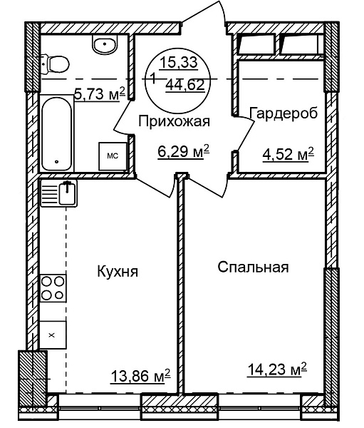 1-к квартира, 44 м², 20/32 эт., Комплекс апартаментов «CENTRAL PARK II»