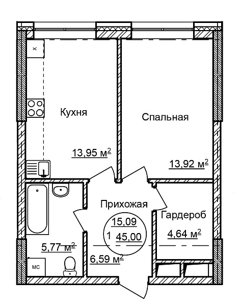 1-к квартира, 45 м², 25/32 эт., Комплекс апартаментов «CENTRAL PARK II»