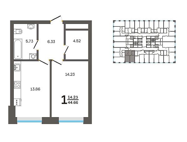 1-к квартира, 44 м², 25/32 эт., Комплекс апартаментов «CENTRAL PARK II»